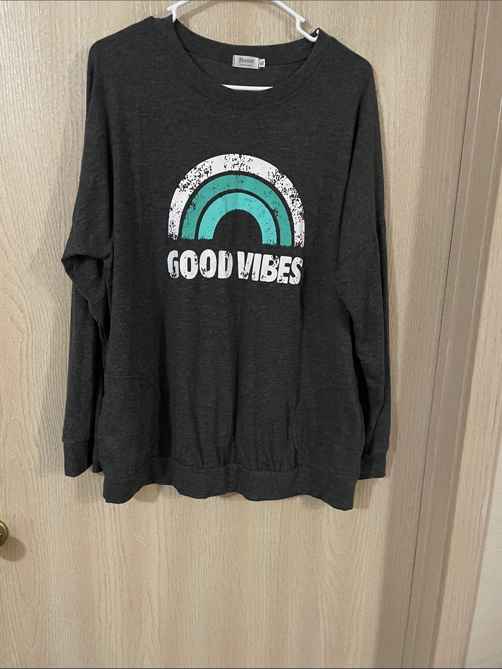 Hount Charcoal Long Sleeve Tee with Teal and White Rainbow Graphic - Good Vibes